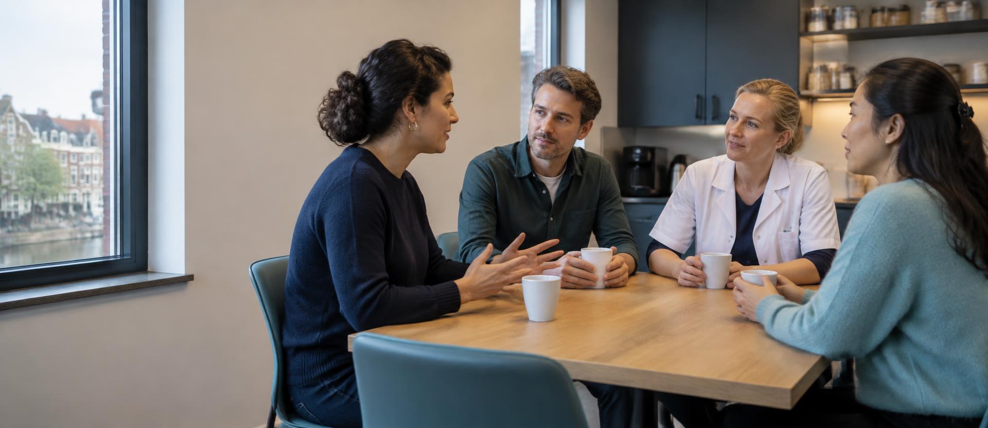 Werkoverleg in de apotheek: vier mensen rond een tafel met koffie