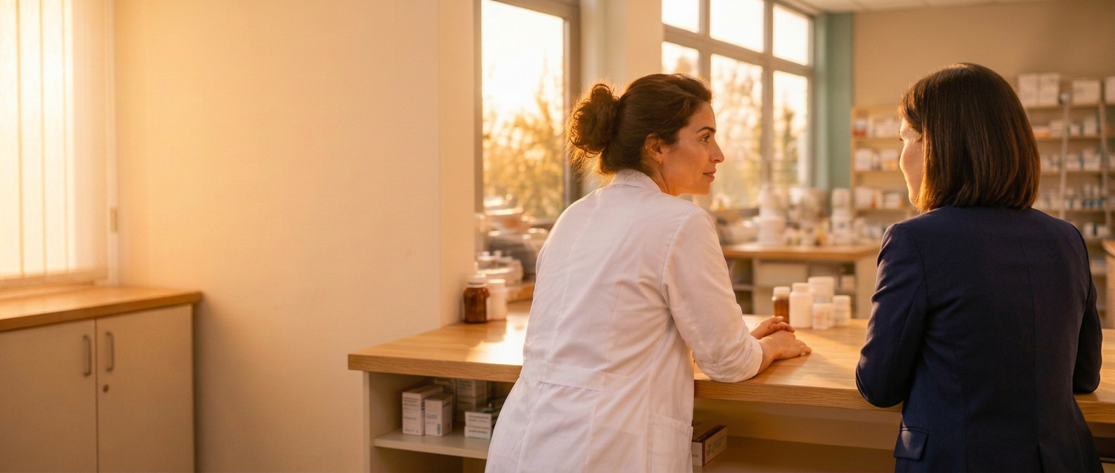 Apotheker en auditor in gesprek, leunend tegen de werkbank in de backoffice