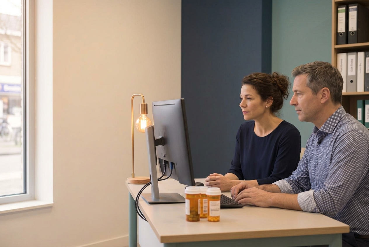 Auditor en apotheker samen achter de computer aan een bureau