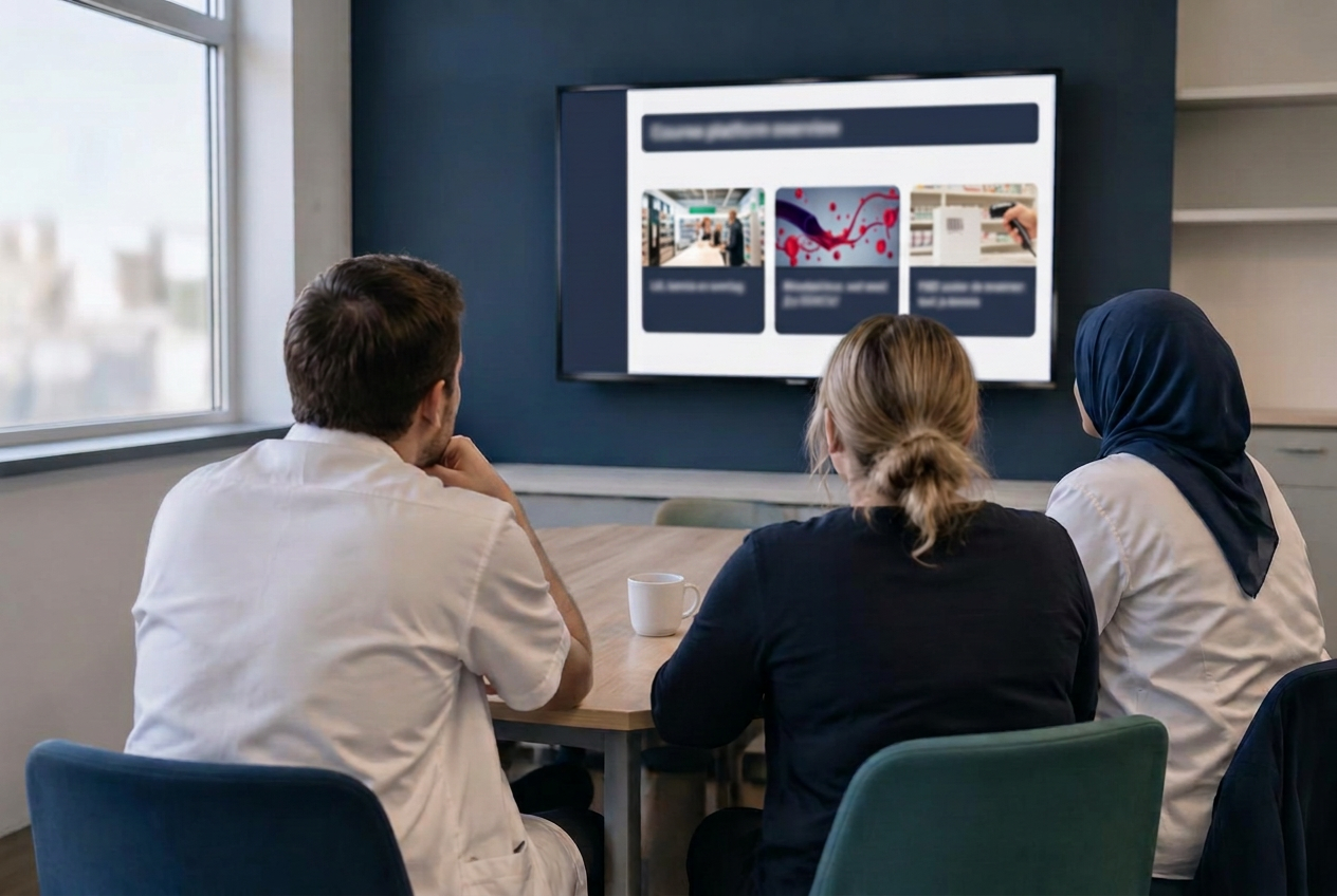 Apotheekteam luistert aan de werkbank naar een korte scholing in de backoffice